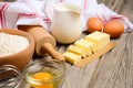 Ingredients for baking - milk, butter, eggs and flour.
