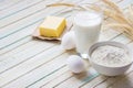 Ingredients for baking: milk, flour, egg and butter