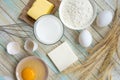 Ingredients for baking: milk, flour, egg and butter top view Royalty Free Stock Photo