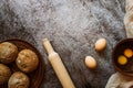 Ingredients for baking rye buns, rolling pin, eggs, flour, mixer on gray background 1 Royalty Free Stock Photo