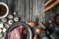 Ingredients for Boeuf Bourguignon on the old wooden table horizontal Royalty Free Stock Photo