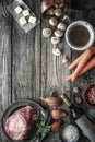 Ingredients for Boeuf Bourguignon on the old wooden table vertical Royalty Free Stock Photo