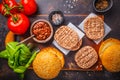 Ingredients for burgers on dark background, top view, copy space Royalty Free Stock Photo