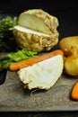 Ingredients for celeriac soup - celery root - celeriac, carrots, onion, potatoes