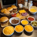 Ingredients for the cheeseburger sliders. A food-filled counter in a restaurant or buffet setting