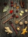 Ingredients for Chinese herbal soup on shabby wooden background