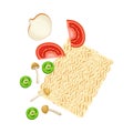 Ingredients for Chinese Noodle Preparation with Mushroom, Tomatoes and Noodle Vector Illustration