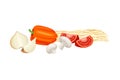 Ingredients for Chinese Noodle Preparation with Mushroom, Tomatoes and Noodle Vector Illustration