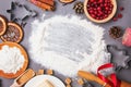 Ingredients for Christmas bakery arranged into a frame. Royalty Free Stock Photo