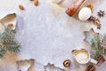Ingredients for Christmas baking - spices, flour, egg, powdered sugar and shape cookie cutters. Royalty Free Stock Photo