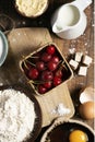 Ingredients for a coca de cireres, a cherry cake