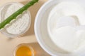 Ingredients for Collagen powder facial mask: collagen, clay, honey, aloe. Natural beauty for skin