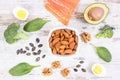 Ingredients containing omega 3 acids, unsaturated fats and fiber, healthy lifestyle, nutrition and acid diet concept Royalty Free Stock Photo