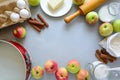 Ingredients for cooking apple pie. Fresh harvest apples, cinnamon, flour, sugar, butter, eggs, milk and baking mold Royalty Free Stock Photo