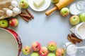 Ingredients for cooking apple pie. Fresh harvest apples, cinnamon, flour, sugar, butter, eggs, milk and baking mold Royalty Free Stock Photo