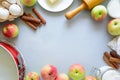 Ingredients for cooking apple pie. Fresh harvest apples, cinnamon, flour, sugar, butter, eggs, milk and baking mold Royalty Free Stock Photo