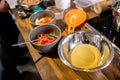 Ingredients for cooking in bowls. Master class in the kitchen. The process of cooking. Step by step. Tutorial. Close-up