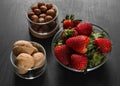 Ingredients for cooking, breakfast, in transparent glass bowls, strawberries