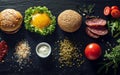 Ingredients for cooking burgers. Top view of delicious hamburger ingredients. Meat, eggs, bacon, fresh vegetables. Generative AI