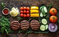 Ingredients for cooking burgers. Top view of delicious hamburger ingredients. Meat, eggs, bacon, fresh vegetables. Generative AI