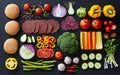 Ingredients for cooking burgers. Top view of delicious hamburger ingredients. Meat, eggs, bacon, fresh vegetables. Generative AI