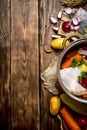 Ingredients for cooking chicken soup with vegetables and spices. Royalty Free Stock Photo