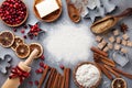 Ingredients for cooking Christmas baking. Flour, sugar, butter, cranberry and spices top view. Bakery background