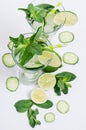 Ingredients for cooking cold spring drink with cucumber, pieces of lime, fresh leaves mint and ice cubes on soft white background.