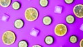 Ingredients for cooking cold spring lemonade drink with cucumber, pieces of lemon, ice cubes on blue background, top view Royalty Free Stock Photo