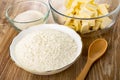 Ingredients for cooking cookie margarine, wheat flour, sugar, spoon on wooden table Royalty Free Stock Photo