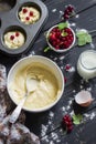 Ingredients for cooking cupcakes with red currants