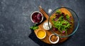 Ingredients for cooking diet summer healthy food top view. preparation salad with baked beets on dark background Royalty Free Stock Photo