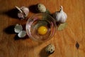 Ingredients for cooking: eggs, garlic, pepper, bay leaves, spices on a wooden background Royalty Free Stock Photo