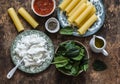 Ingredients for cooking fresh cannelloni pasta with spinach and ricotta baked with mozzarella cheese in a baking dish on a wooden Royalty Free Stock Photo