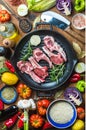 Ingredients for cooking healthy meat dinner. Raw uncooked lamb chops in iron grill pan with vegetables, rice, herbs and Royalty Free Stock Photo