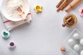 Ingredients for cooking homemade baking. Baking background with flour, eggs, kitchen tools, utensils and cookie molds on white mar Royalty Free Stock Photo