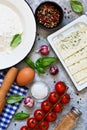 Ingredients for cooking Italian pasta: flour, egg, cheese Royalty Free Stock Photo