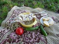 Ingredients for cooking outdoors lie on the blanket on the grass of the meadow