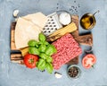 Ingredients for cooking pasta Bolognese. Spaghetti, Parmesan cheese, tomatoes, metal grater, olive oil, garlic, minced Royalty Free Stock Photo