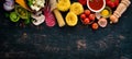 Ingredients for cooking pasta. Dry pasta. Mushrooms, sausages, tomatoes, vegetables. Royalty Free Stock Photo