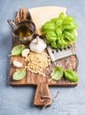 Ingredients for cooking Pesto sauce. Parmesan cheese, metal grater, fresh basil, olive oil, garlic and pine nuts on old Royalty Free Stock Photo