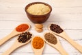 Ingredients for cooking pilaf in wooden spoons on the table. Royalty Free Stock Photo