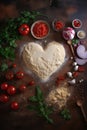 Ingredients for cooking pizza with dough in heart shape. Mediterranean healthy cuisine AI generated