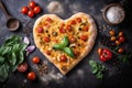 Ingredients for cooking pizza with dough in heart shape. Mediterranean healthy cuisine AI generated