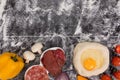 Ingredients for cooking pizza on stone table, top view Royalty Free Stock Photo