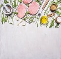 Ingredients for cooking pork with herbs and pepper border ,place for text wooden rustic background top view