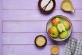 Ingredients for cooking puffed apple mousse on a purple wooden background. Desserts apples