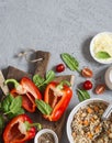 Ingredients for cooking quinoa stuffed bell peppers. Top view, flat lay.