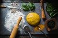 Ingredients for cooking ravioli dough with turmeric, spinach
