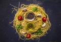 Ingredients for cooking raw homemade pasta with cherry tomatoes, parsley, pepper and butter on wooden rustic background top view c